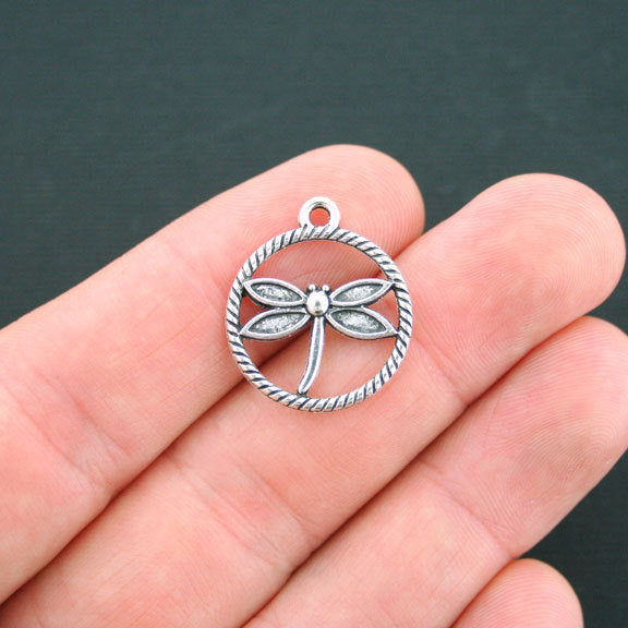10 Dragonfly Antique Silver Tone Charms 2 Sided - SC2609