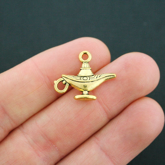 10 Genie Lamp Antique Gold Tone Charms 2 Sided - GC718