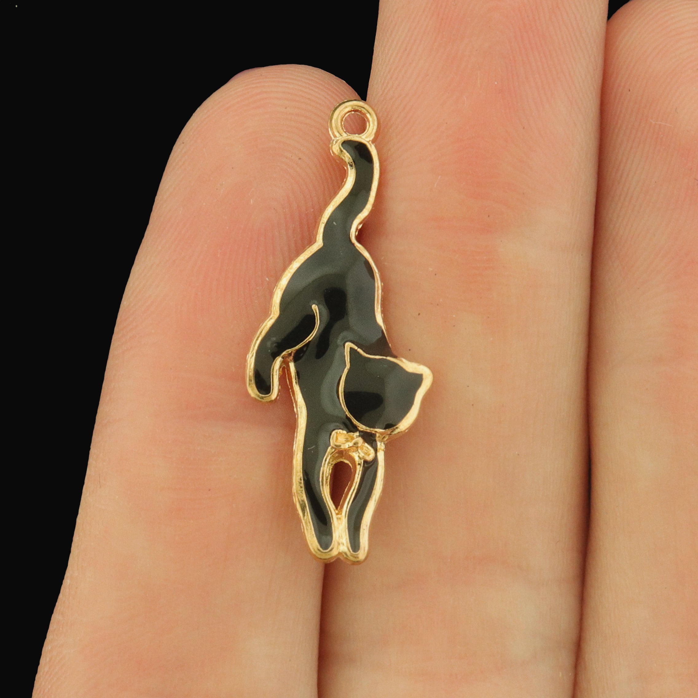 12 Black Cat Gold Tone Enamel Charms - Hanging from Tail - E1685