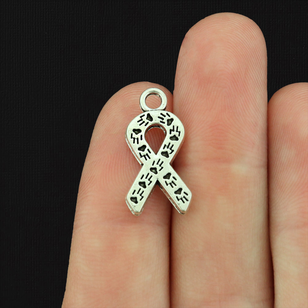 12 Paw Print Awareness Ribbon Antique Silver Tone Charms 2 Sided - SC744