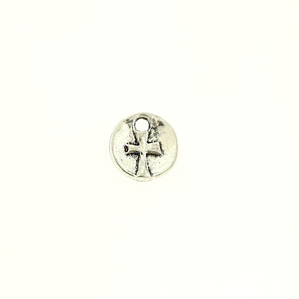 12 Round Cross Antique Silver Tone Charms 2 Sided - SC878