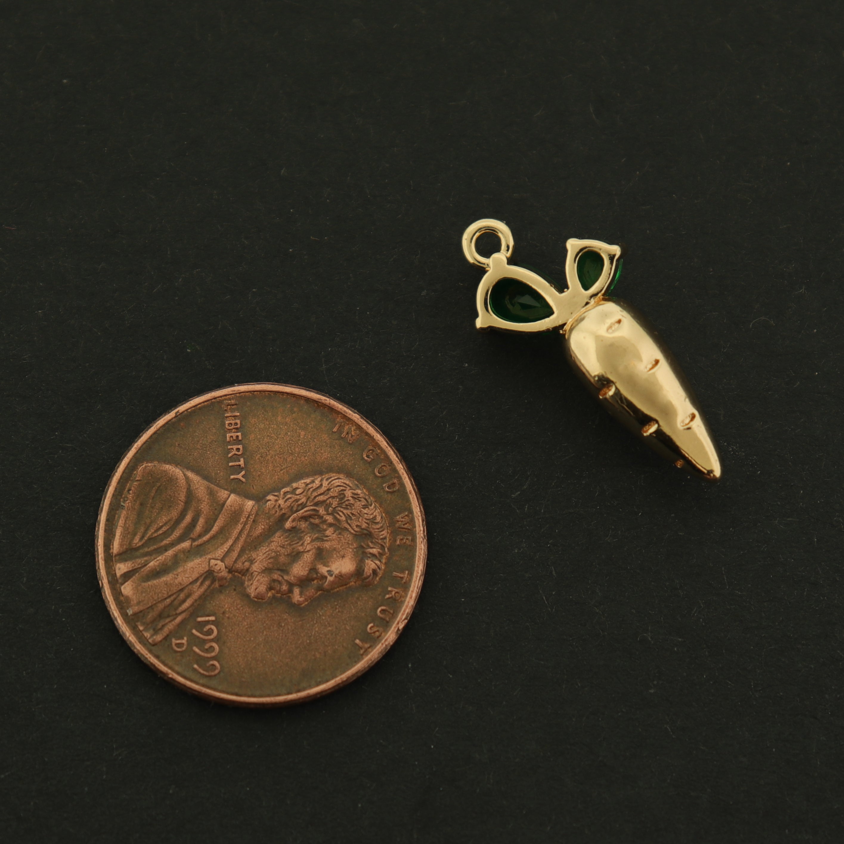 14k Carrot Charm - Food Pendant - 14k Gold Plated with Inset Rhinestones - GLD601