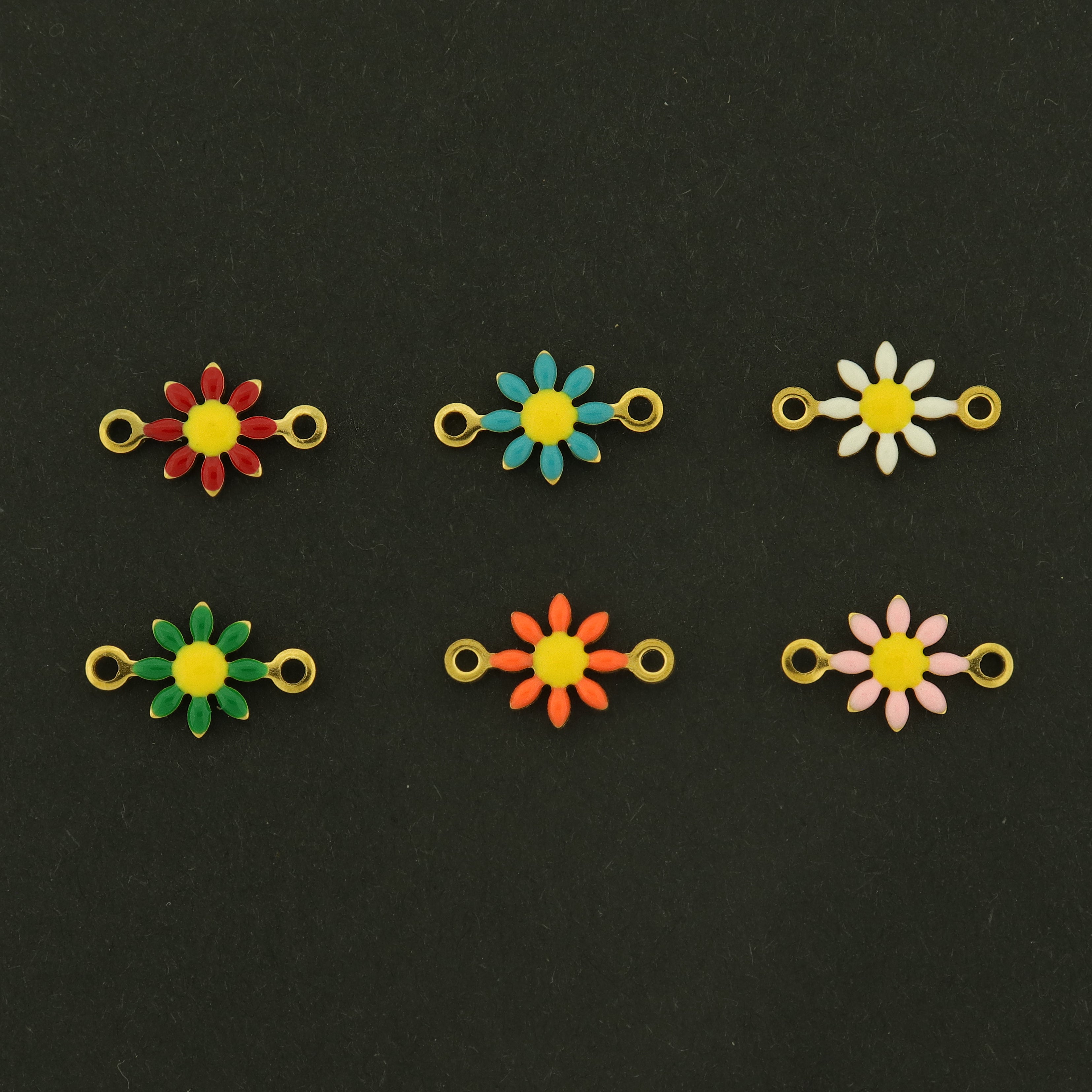 14k Daisy Connector Charms - 4 Charms - Enamel Flower Pendant - 14k Gold Plated
