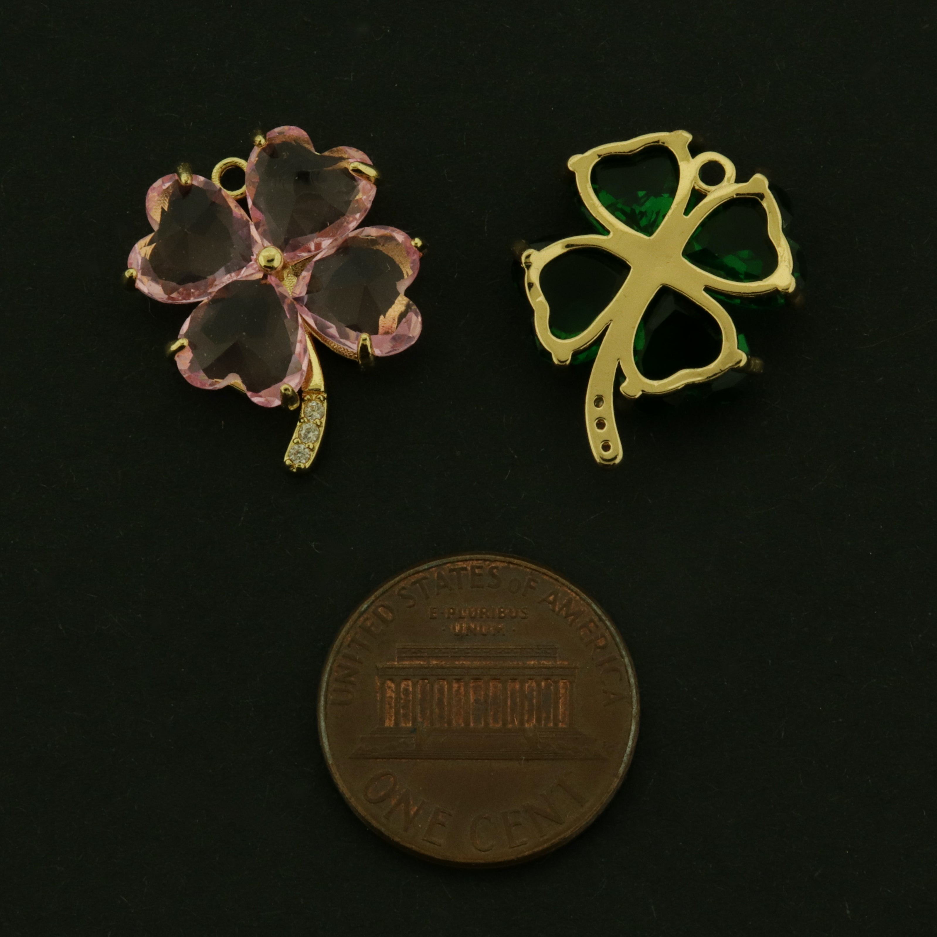 14k Four Leaf Clover Heart Charms - 14k Gold Plated Brass - Choose Your Color!