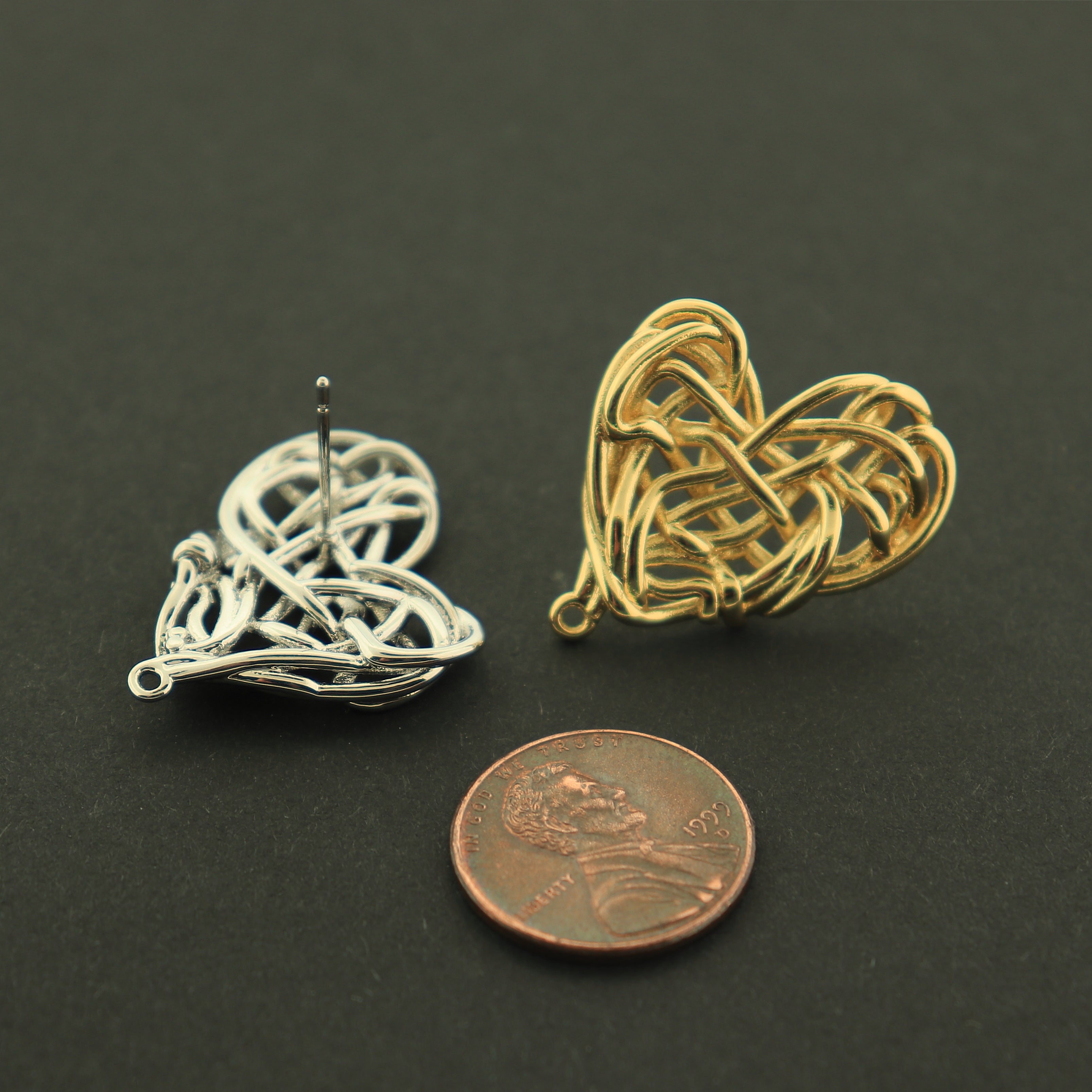 14k Gold Heart Earrings - Heart Stud With Loop - 14k Gold Plated - Choose Your Tone