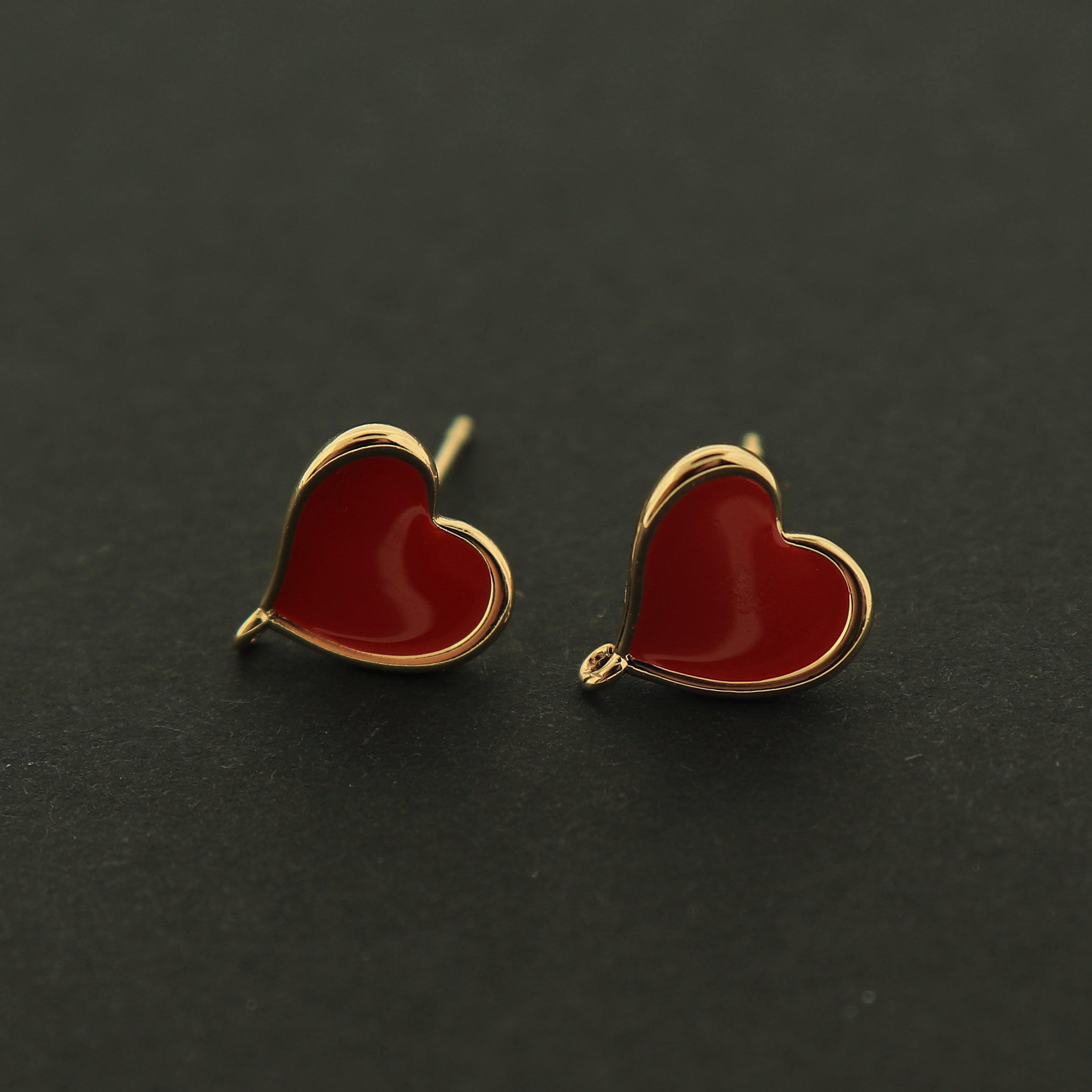 14k Gold Heart Earrings - Red Heart Stud With Loop - 14k Gold Filled - GLD367