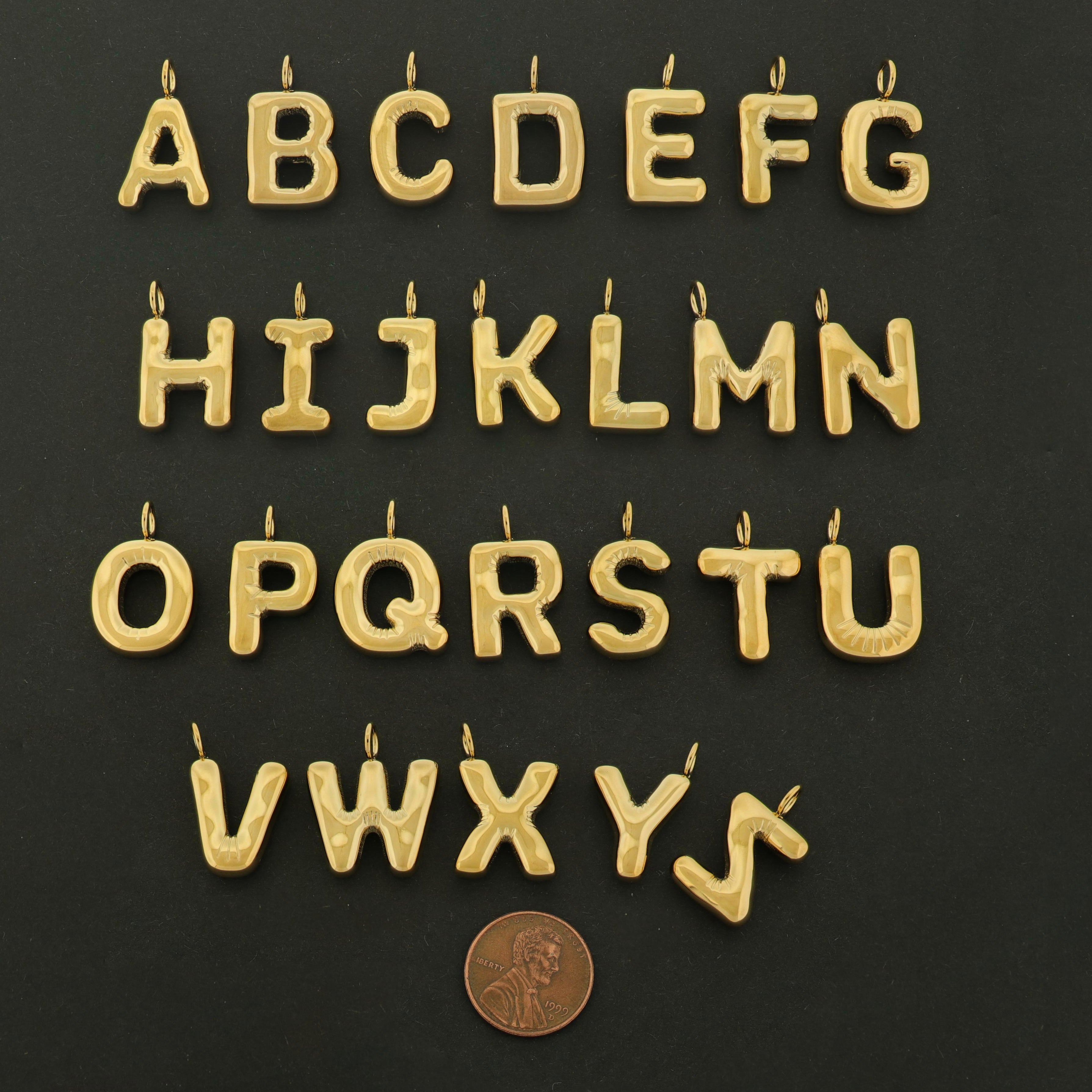 14k Gold Letter Charm - Balloon Alphabet Pendant - 14k Gold Plated Stainless - Choose Your Letter