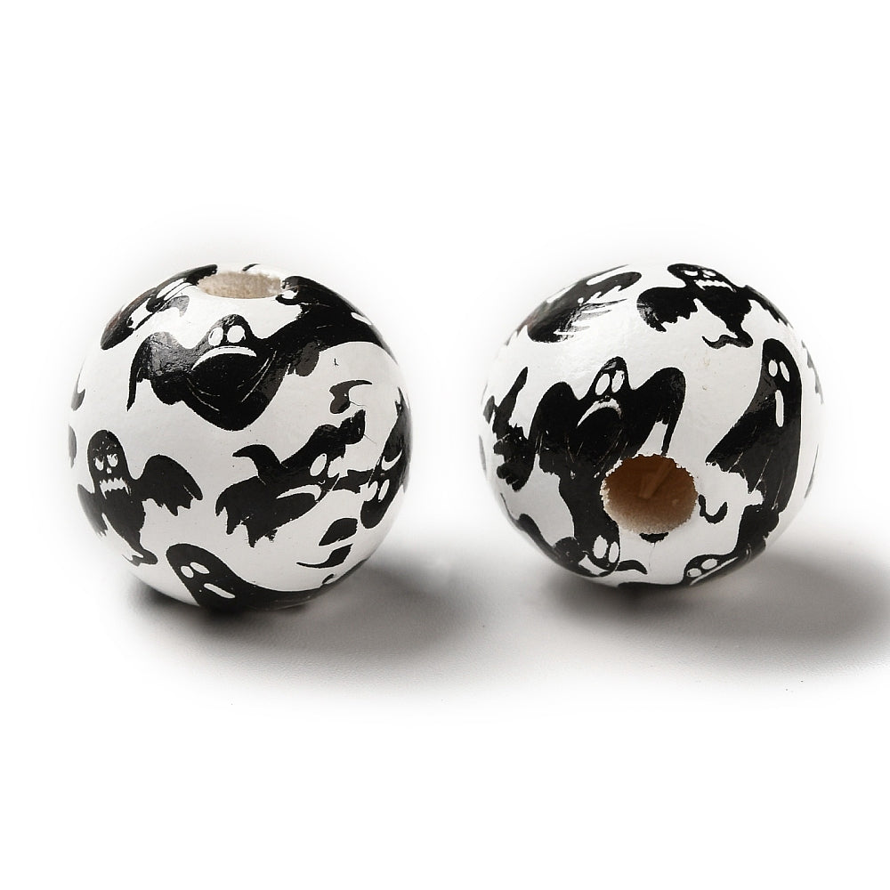 15 Round Ghost Halloween Beads - 16mm - White and Black - BD042