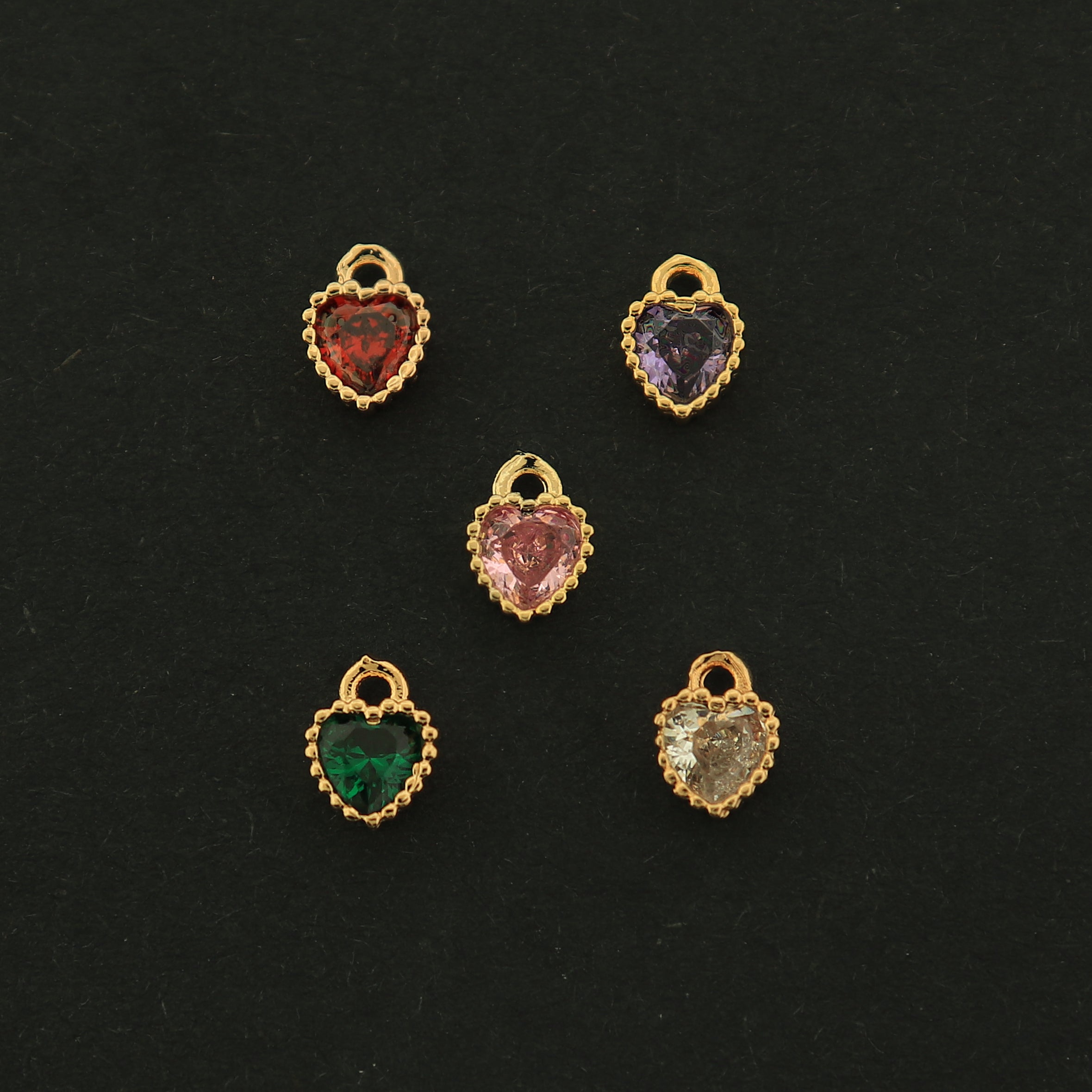 18k Gold Heart Charm - 2 Charms - Rhinestone Pendant - 18k Gold Filled - Choose Your Color