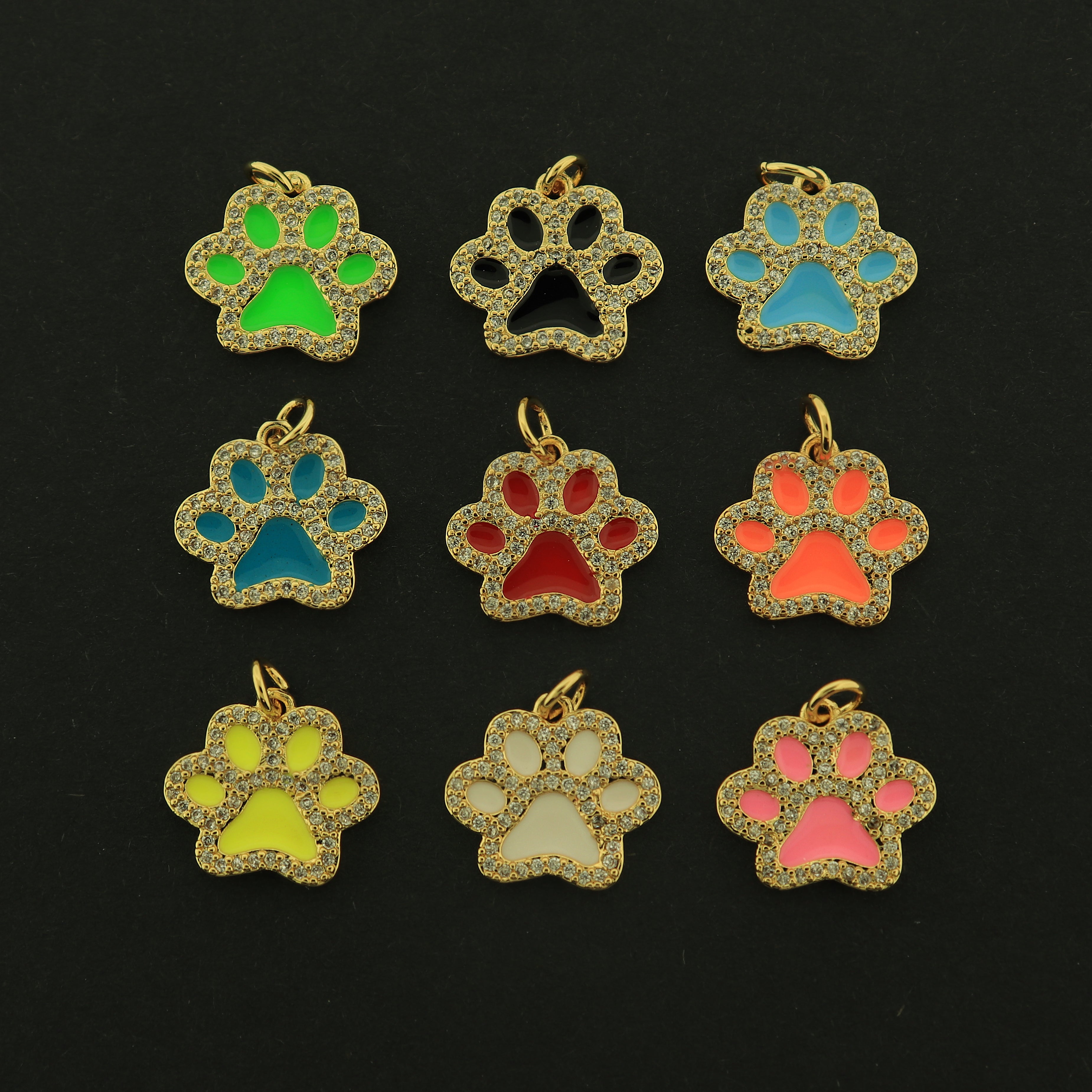 18k Gold Paw Print Charm - Enamel Rhinestone Pendant - Choose Your Color - 18k Gold Plated