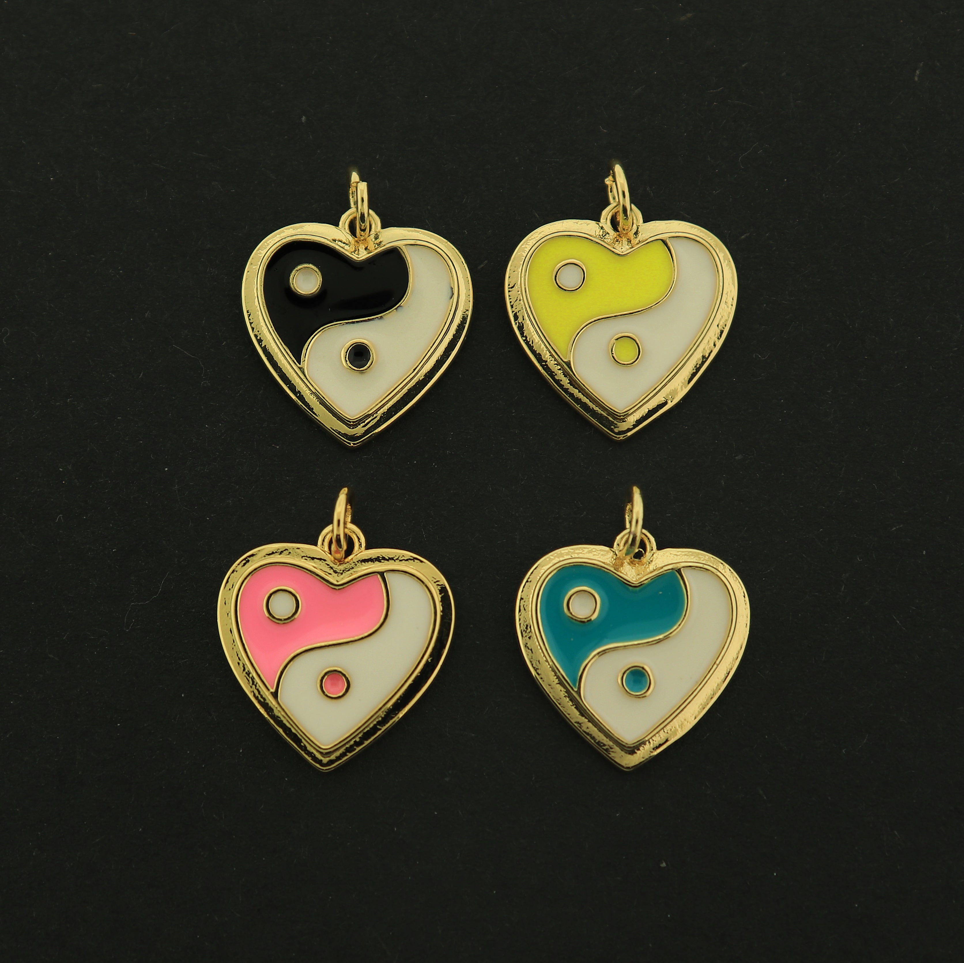 18k Gold Yin Yang Heart Charm - Choose Your Color - Enamel Pendant - 18k Gold Plated -
