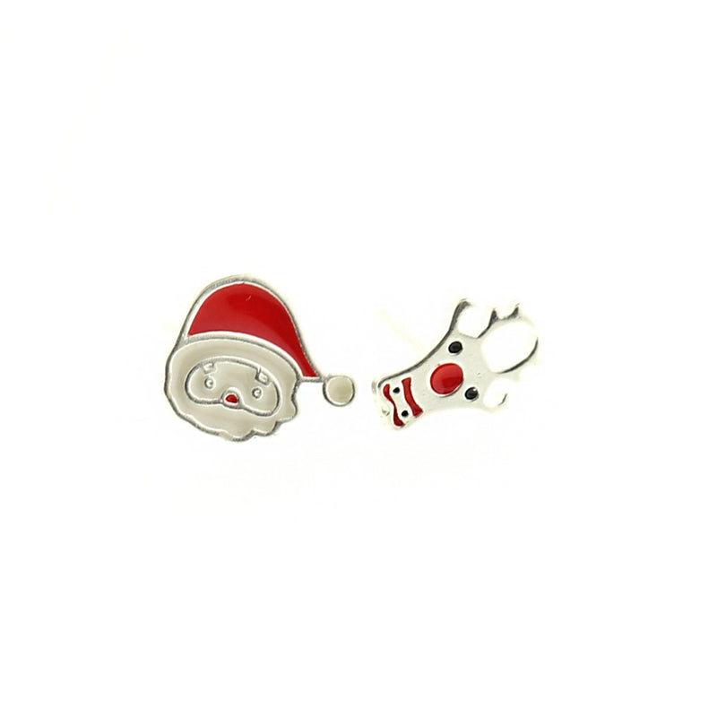 Christmas Brass Earrings - Santa and Reindeer Studs - 10mm x 7mm - 2 Pieces 1 Pair - ER260