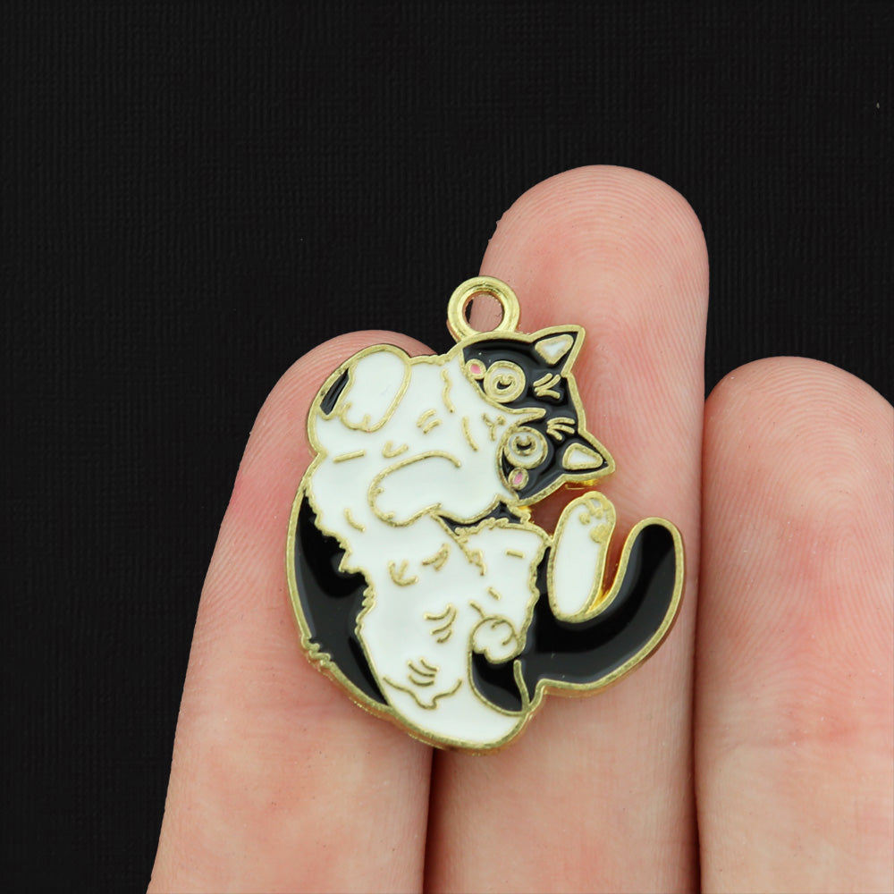 2 Black and White Cat Gold Tone Enamel Charms - E148