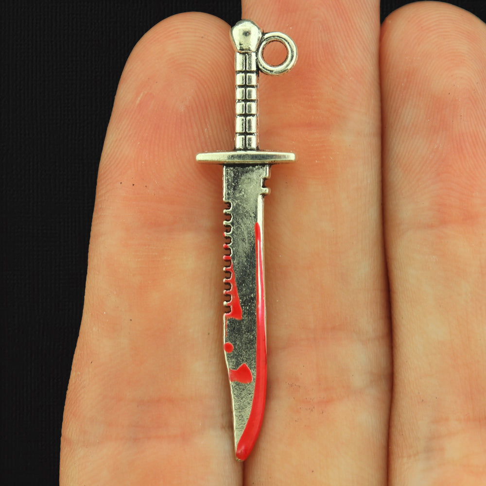 2 Bloody Knife Silver Tone Enamel Charms 2 Sided - E160
