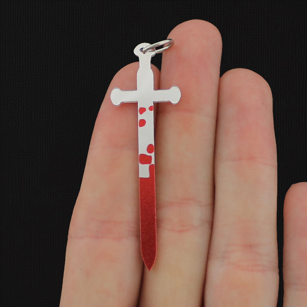 2 Bloody Sword Antique Silver Tone Charms 2 Sided - K101