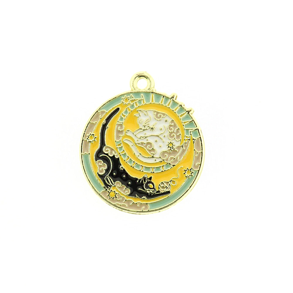 2 Cat Sun and Moon Gold Tone Enamel Charms - E389