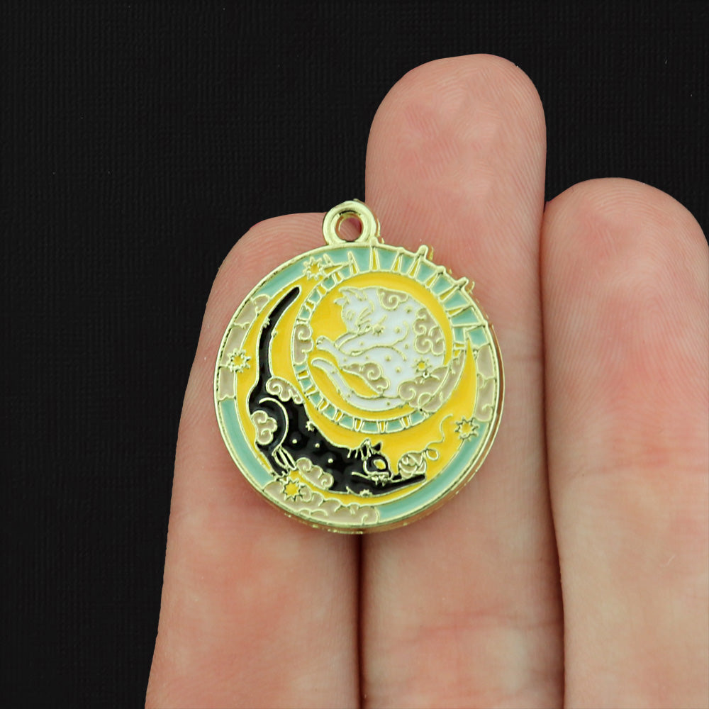 2 Cat Sun and Moon Gold Tone Enamel Charms - E389