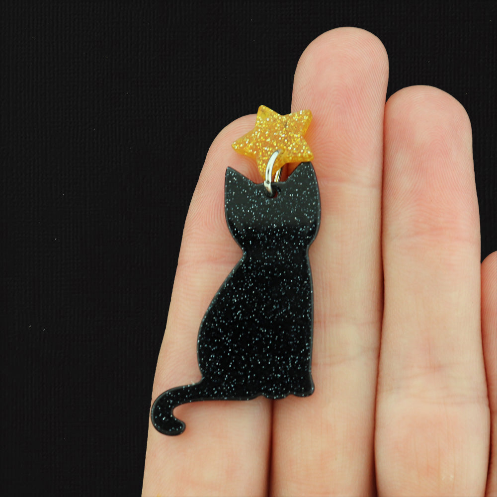 2 Christmas Light Black Cat with Star Acrylic Charms - K282