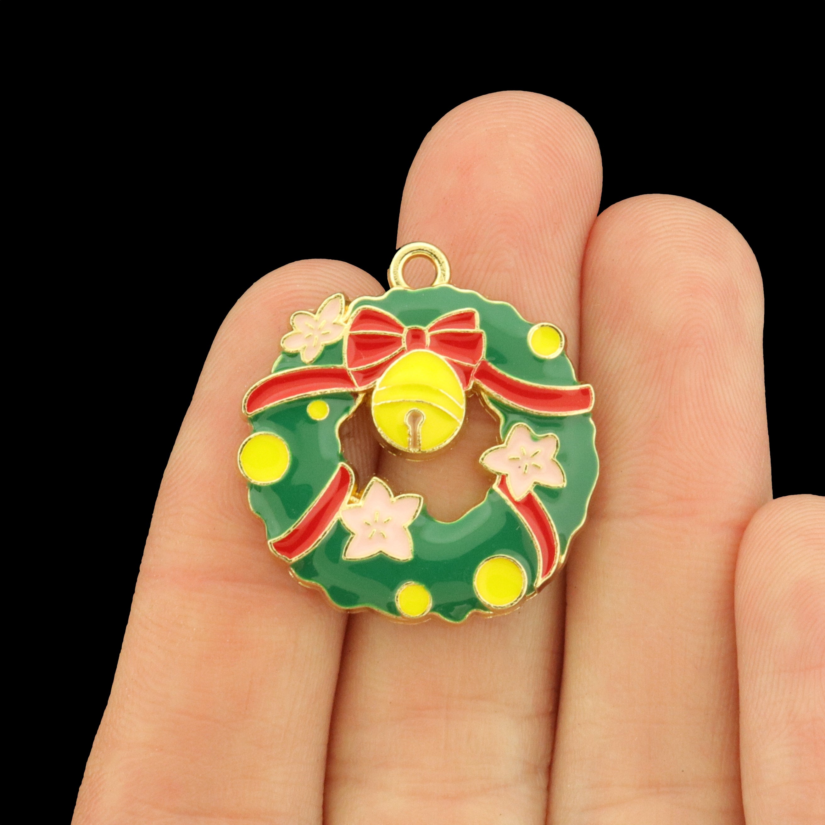 2 Christmas Wreath Gold Tone Enamel Charms - E1693