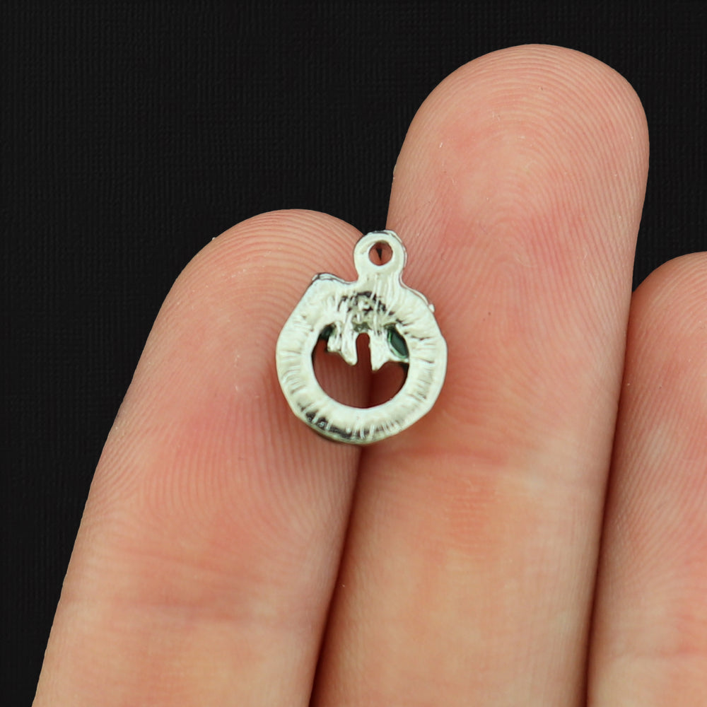 2 Christmas Wreath Silver Tone Enamel Charms - E083
