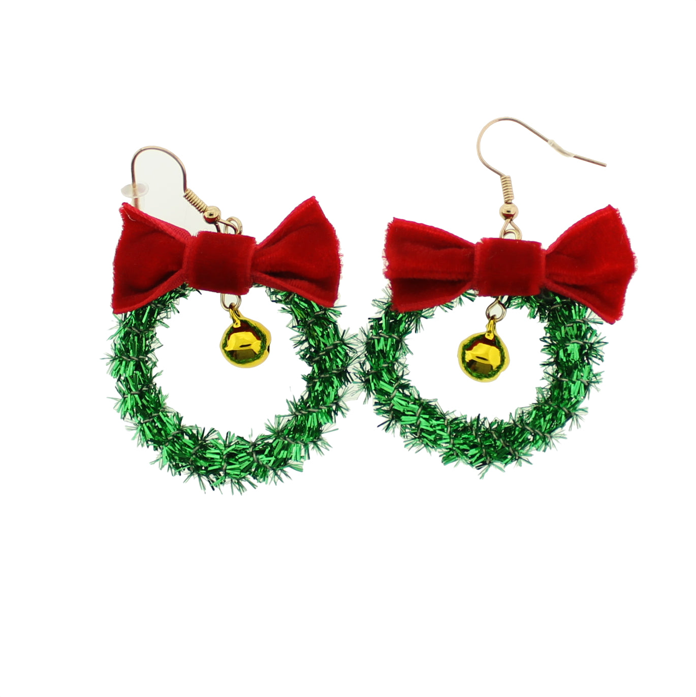2 Christmas Wreath with Bell Earrings - French Hook Style - 1 Pair - Choose Your Tone