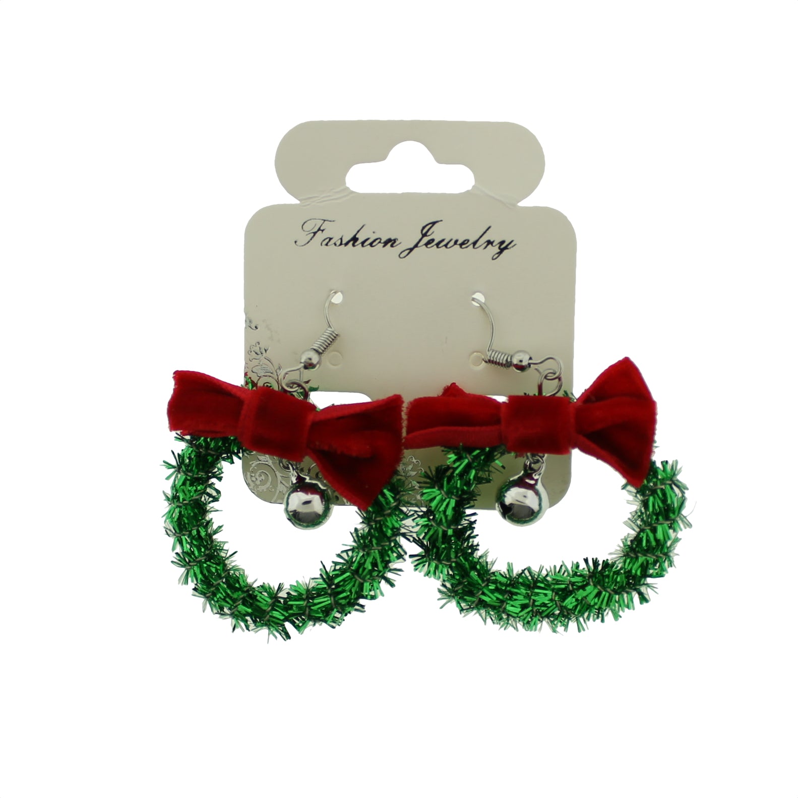 2 Christmas Wreath with Bell Earrings - French Hook Style - 1 Pair - Choose Your Tone