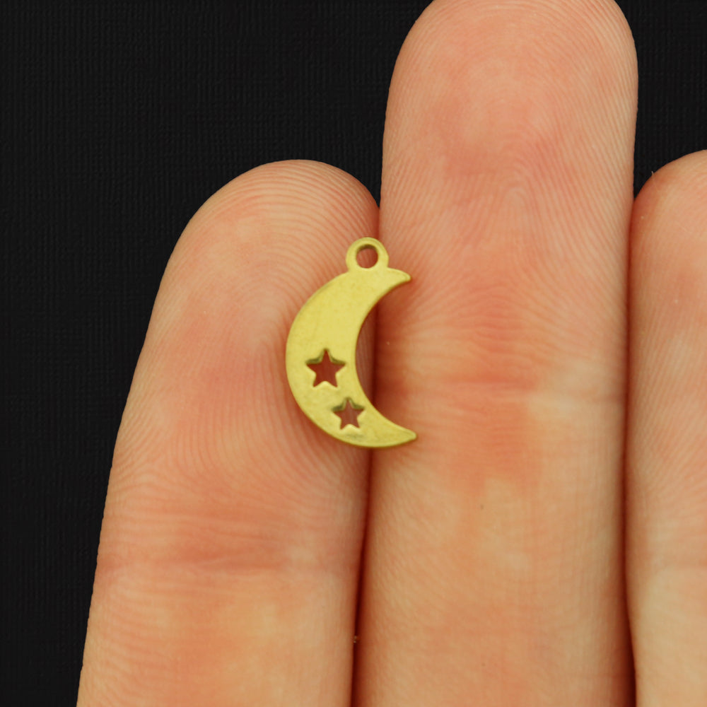 2 Crescent Moon with Stars Stainless Steel Charms 2 Sided - Choose Your Tone