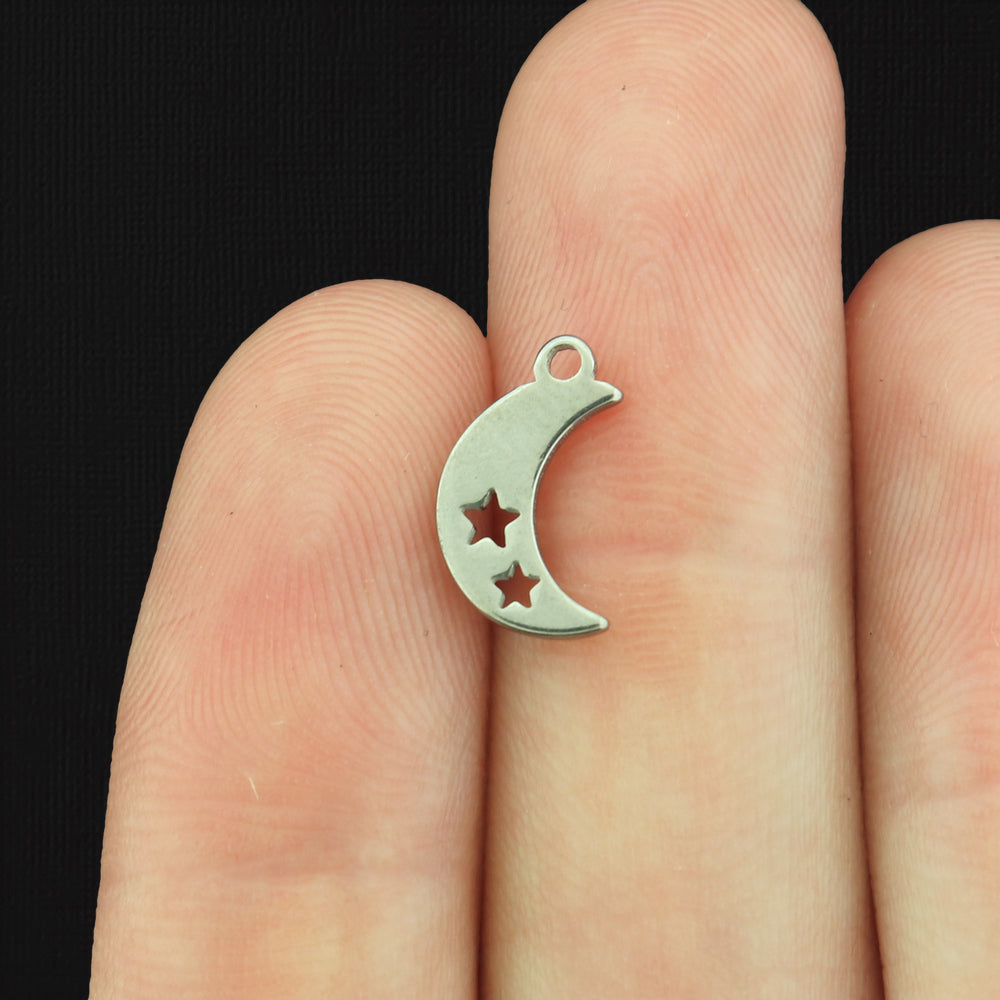 2 Crescent Moon with Stars Stainless Steel Charms 2 Sided - Choose Your Tone