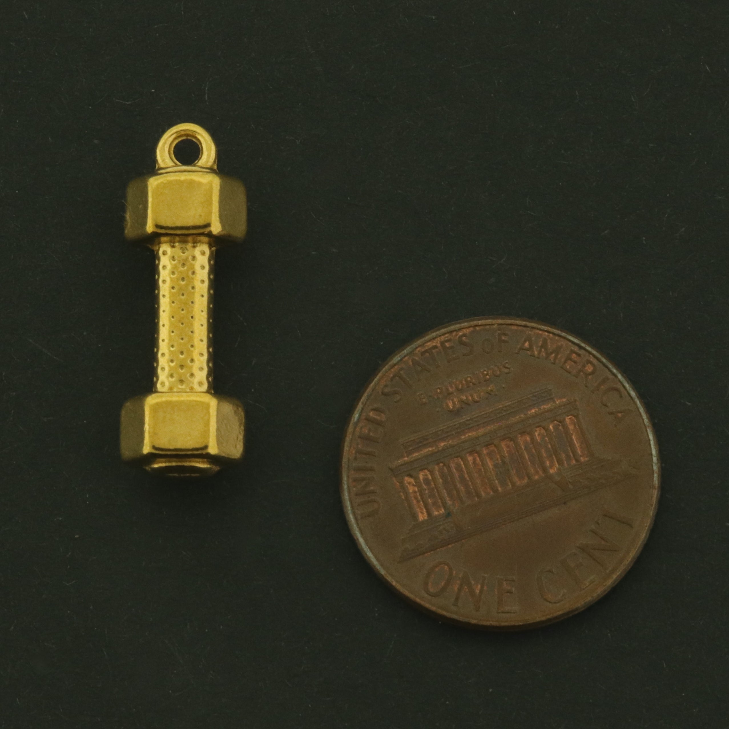 2 Dumbbell Charms 3D - 18k Gold Plated Stainless Steel - Fitness Pendant - GLD1072