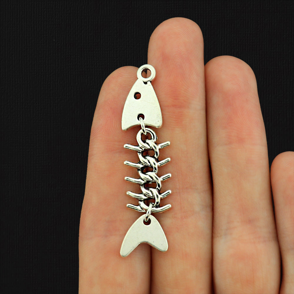 2 Fishbone Antique Silver Tone Charms 2 Sided - SC578