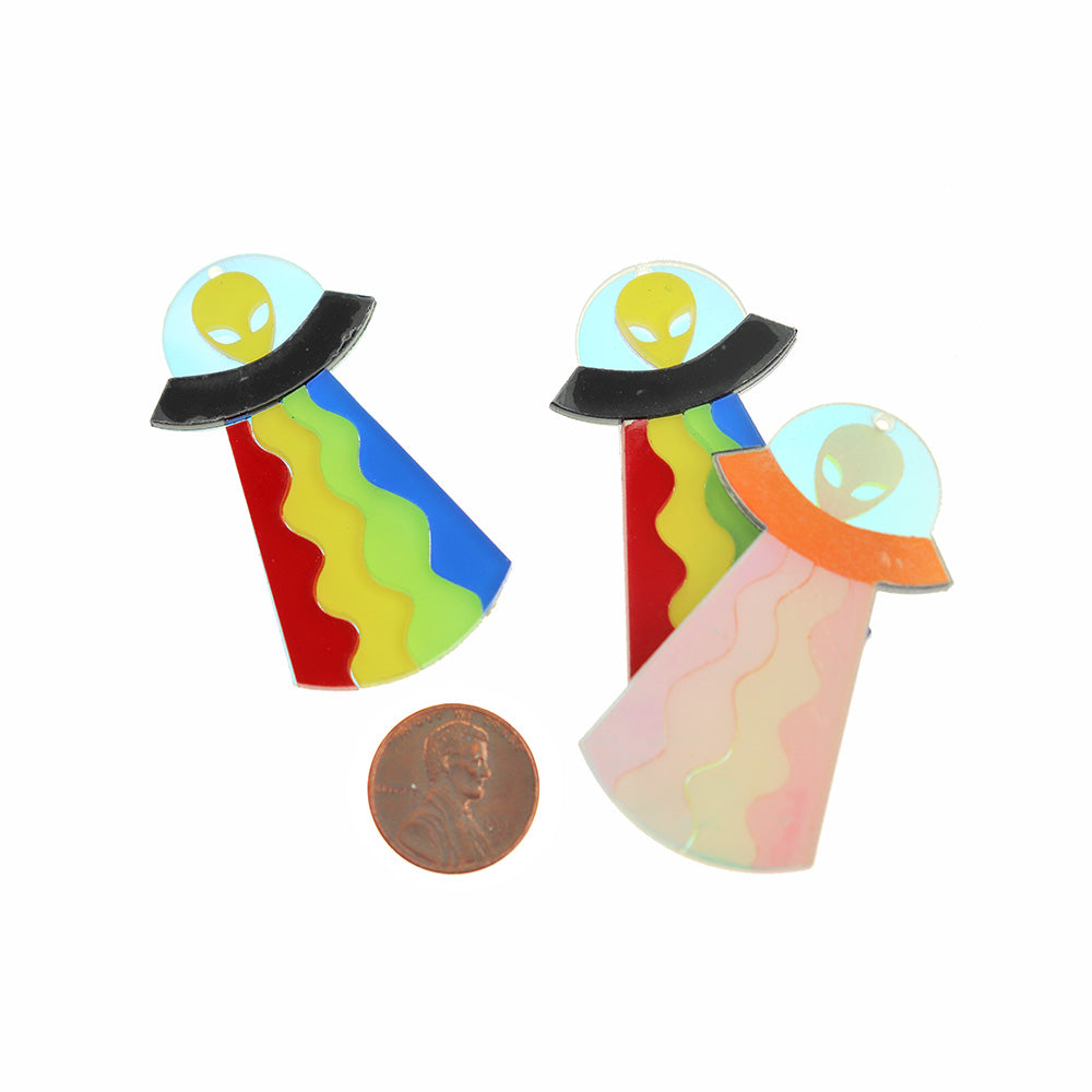 2 Flying Saucer Alien Acrylic Charms - K689