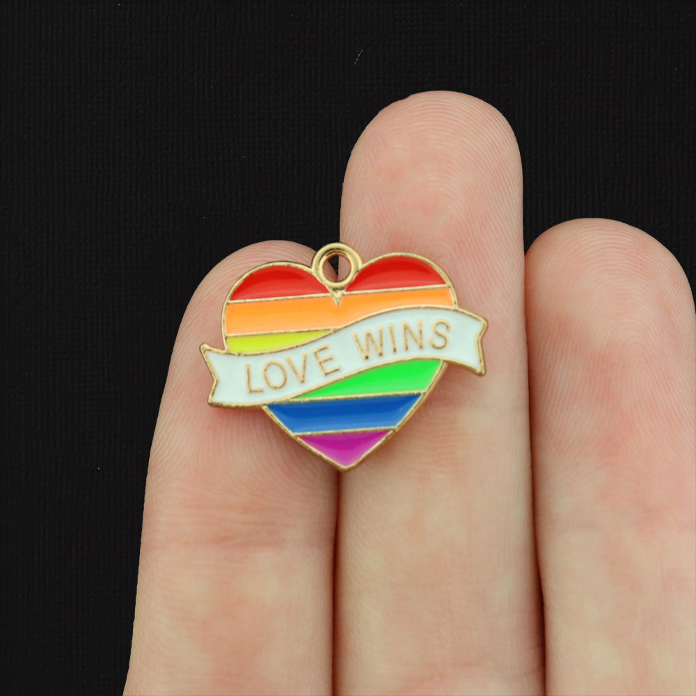 2 Love Wins Rainbow Heart Gold Tone Enamel Charms - E345