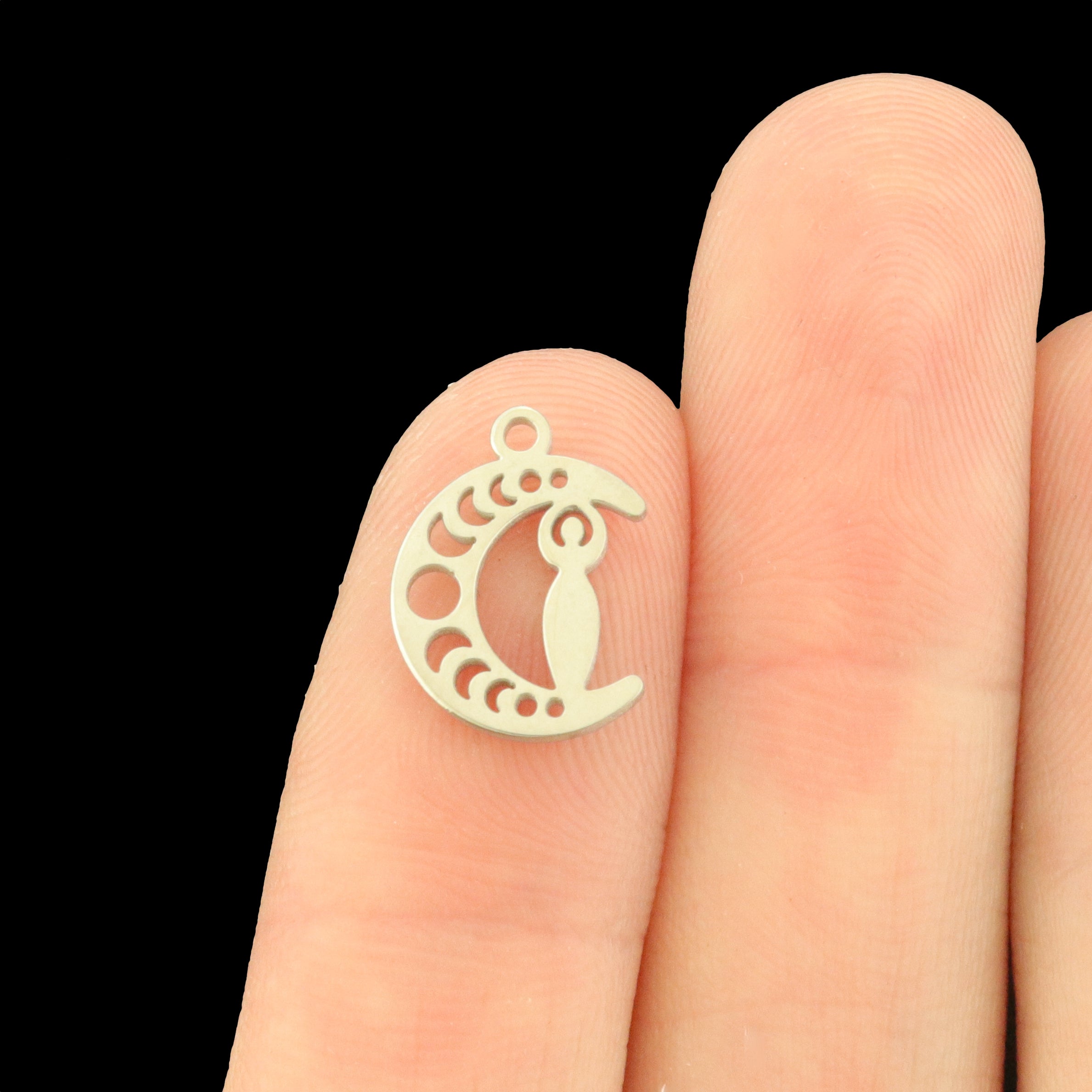 2 Moon Phases Fertility Goddess Stainless Steel Charms 2 Sided - Choose Your Tone!