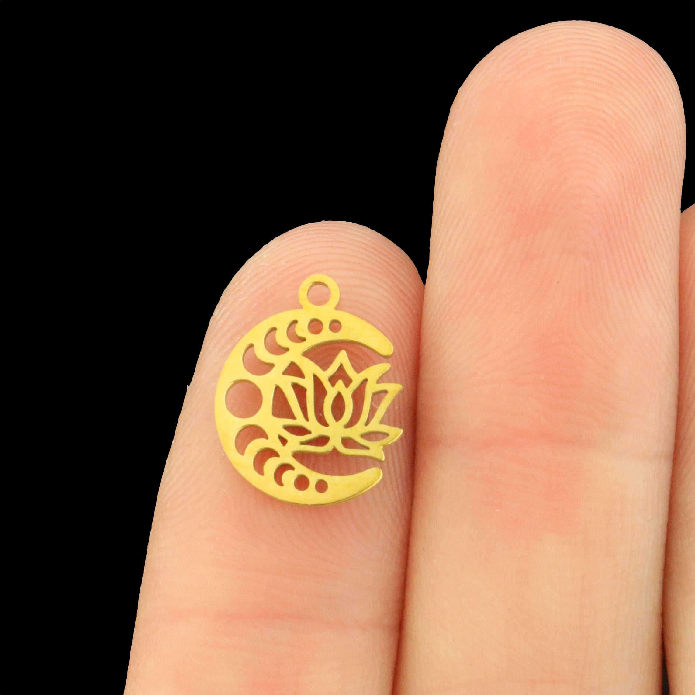 2 Breloques Lotus Phases de Lune en Acier Inoxydable Recto-Verso - Choisissez votre teinte !