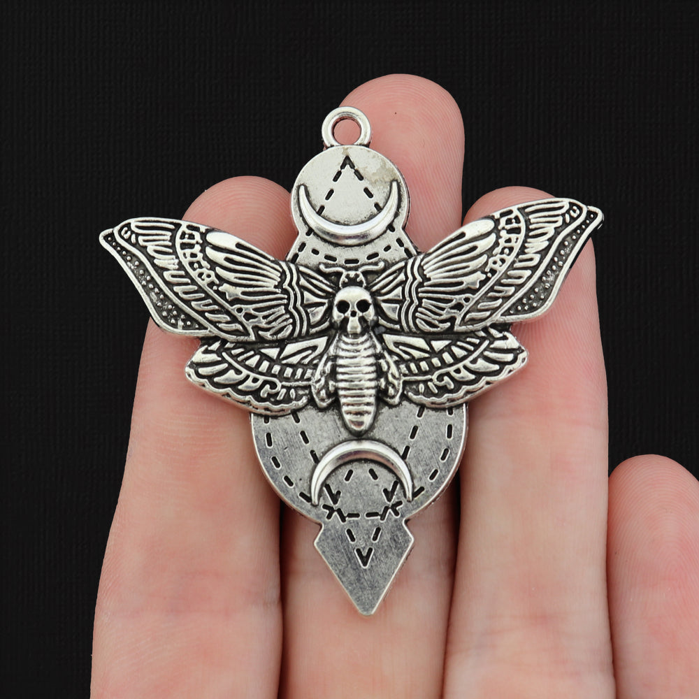 2 Moth Crescent Moon Antique Silver Tone Charms - SC455