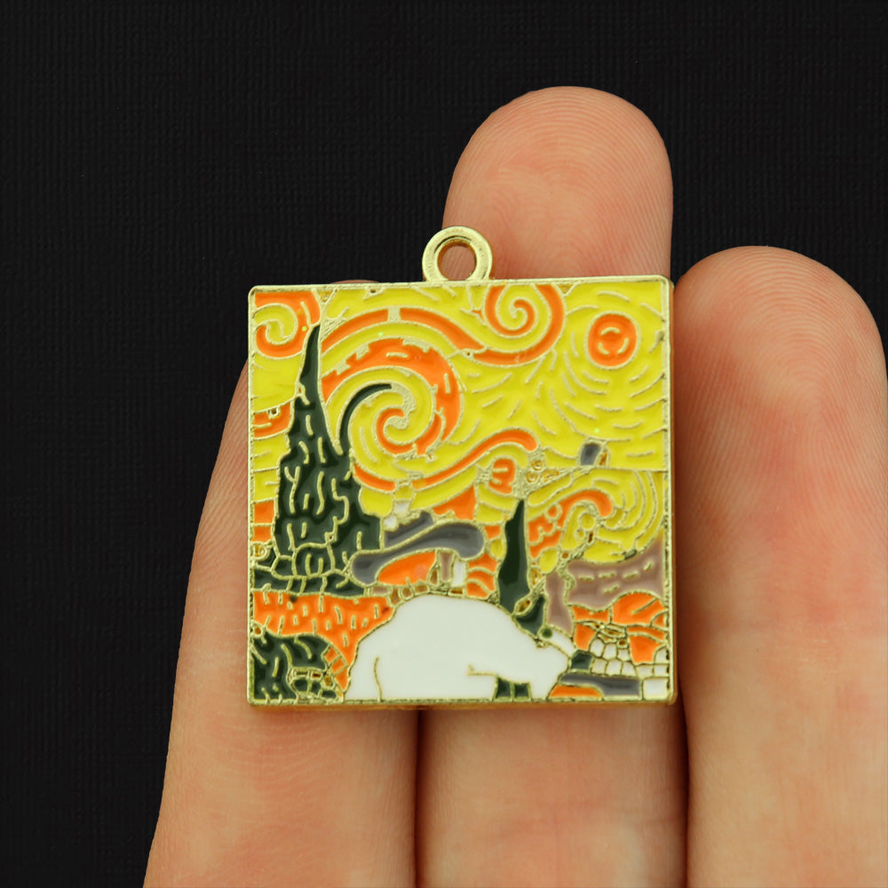 2 Painting Gold Tone Enamel Charms - E269