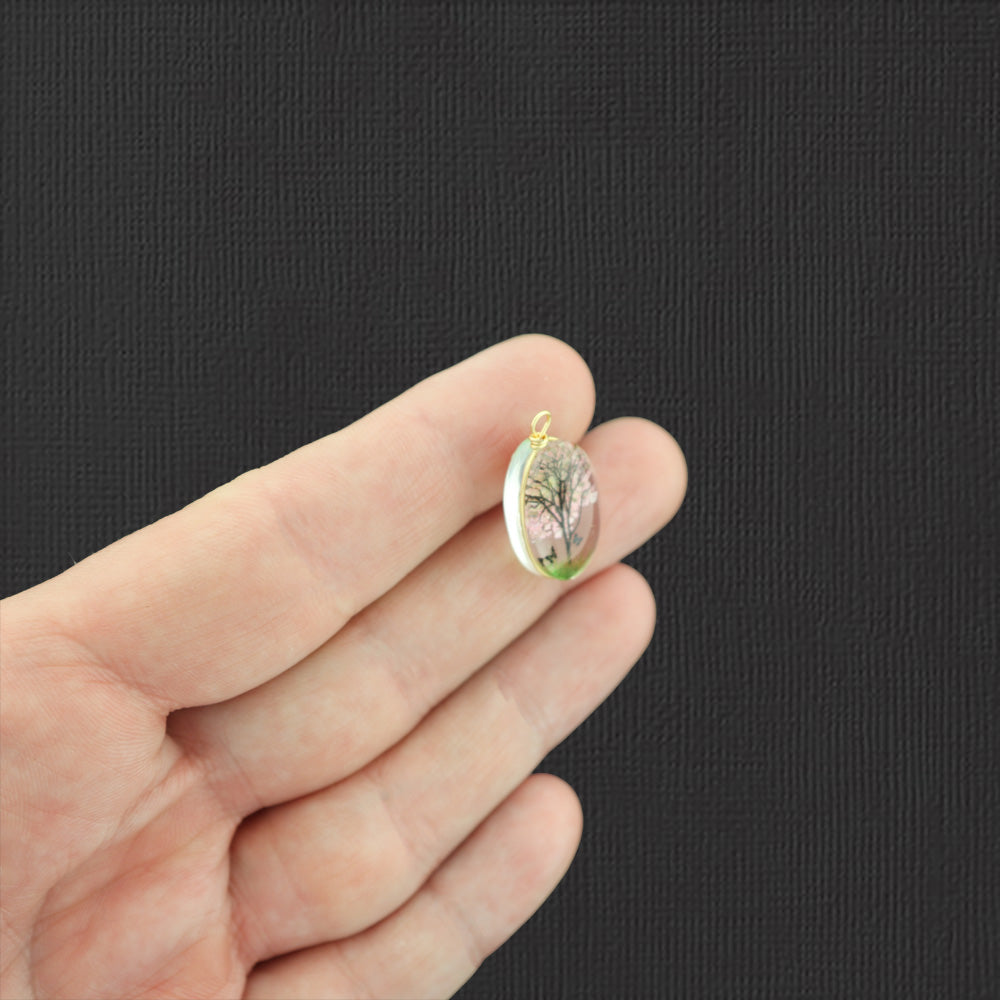 2 pendentifs en verre fleur pressé arbre de vie rose pâle - Z1445