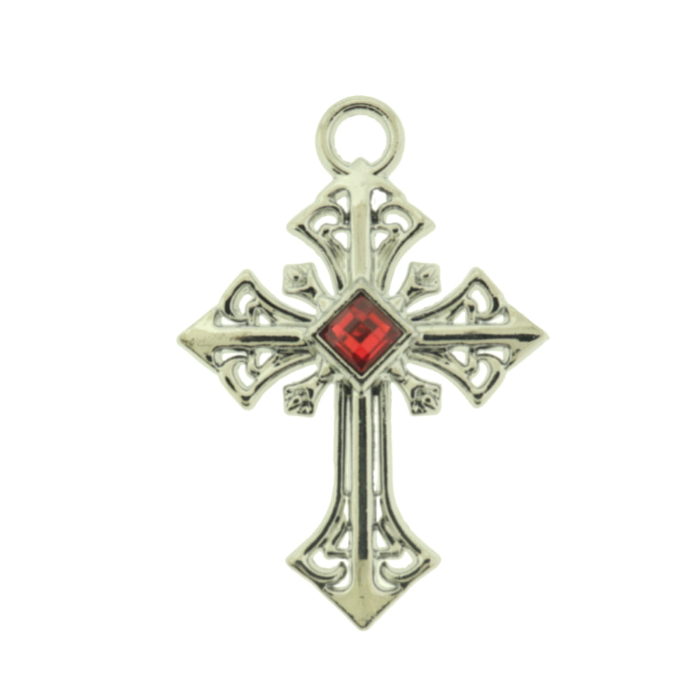 2 Red Rhinestone Cross Antique Silver Tone Charms - SC1156