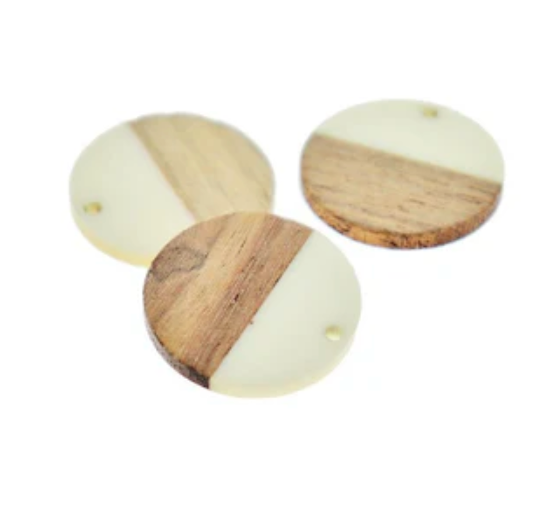 2 Round Natural Wood and Resin Charms - Choose Your Color!