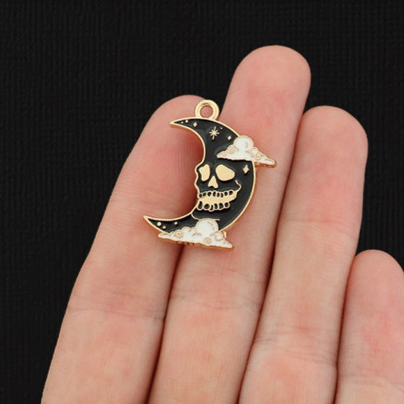 2 Skeleton Crescent Moon Gold Tone Enamel Charms - E465