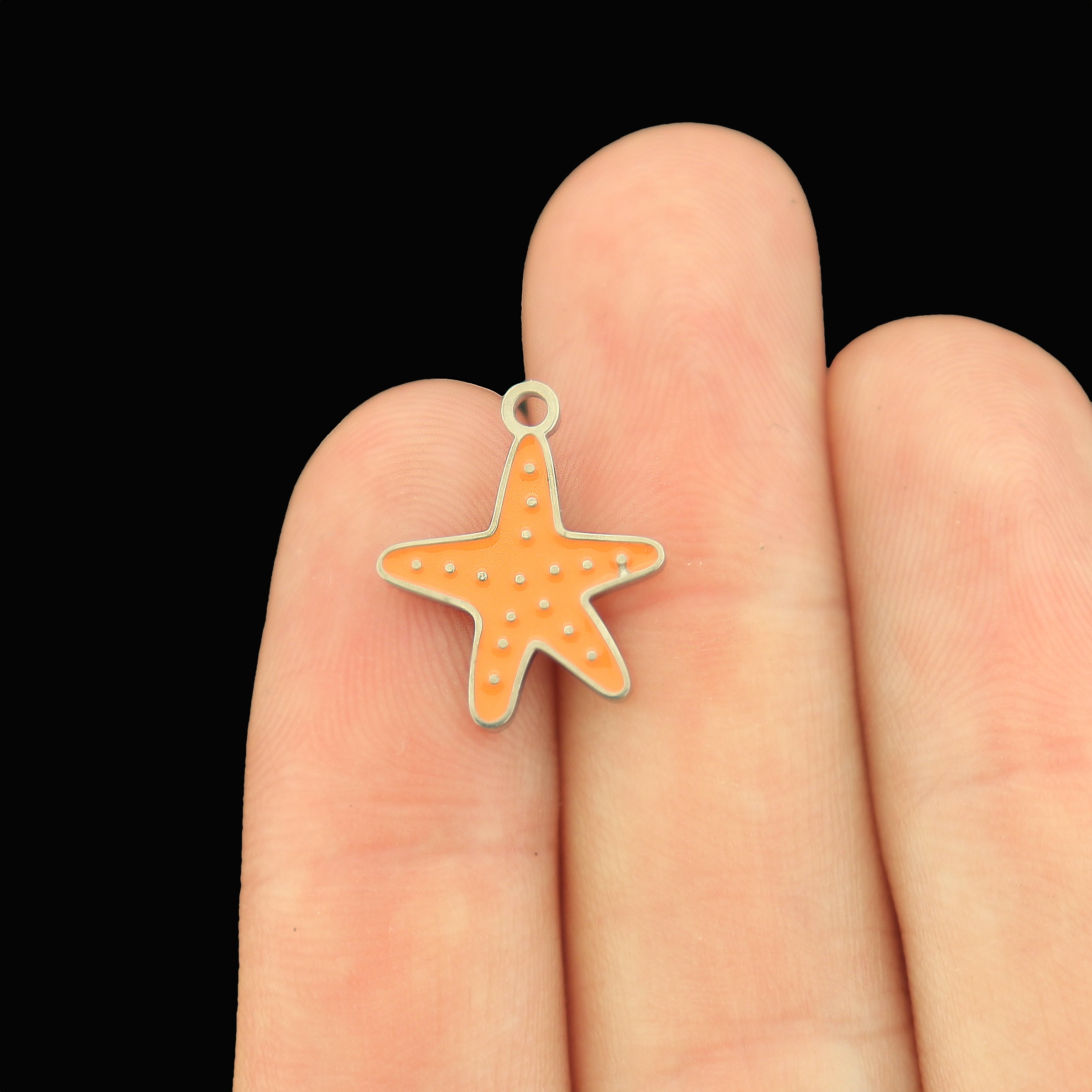 2 Starfish Stainless Steel Orange Enamel Charms - SSP731