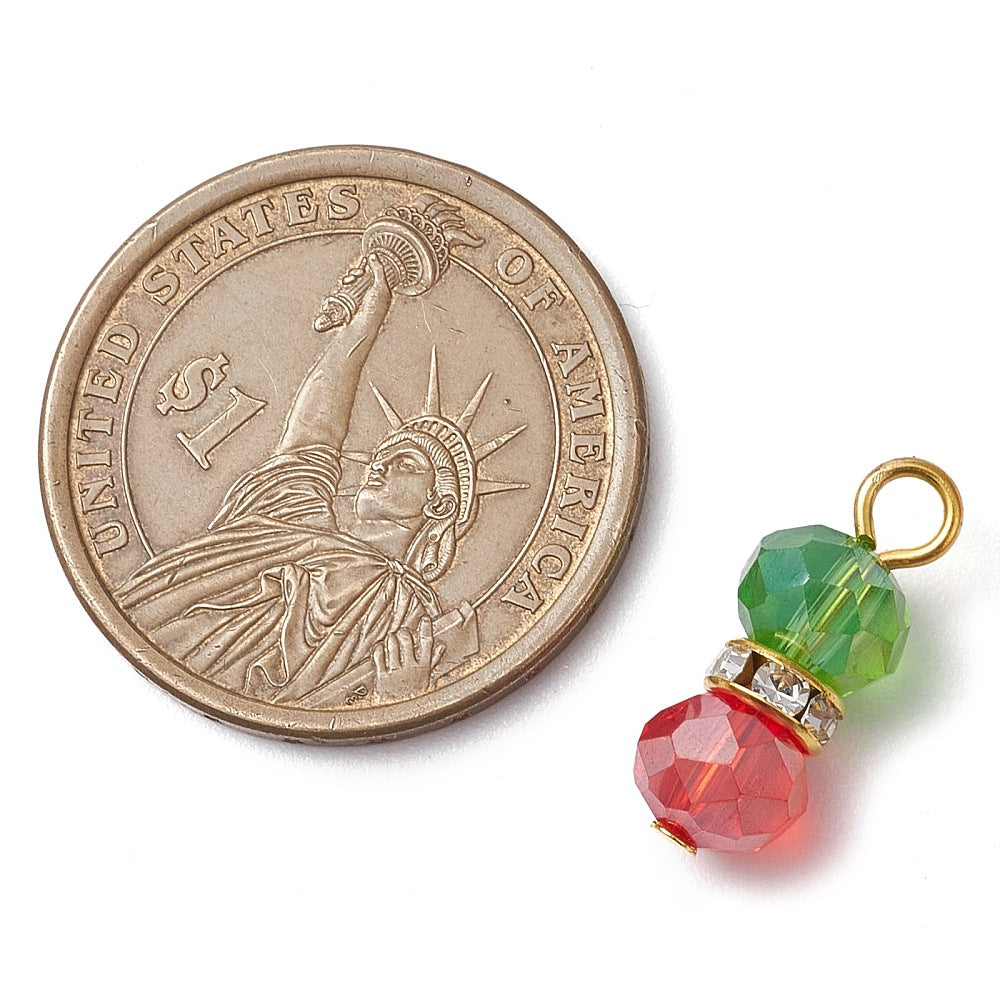 20 Christmas Tree Drop Pendants - Red and Green Beads with Rhinestones - XC158