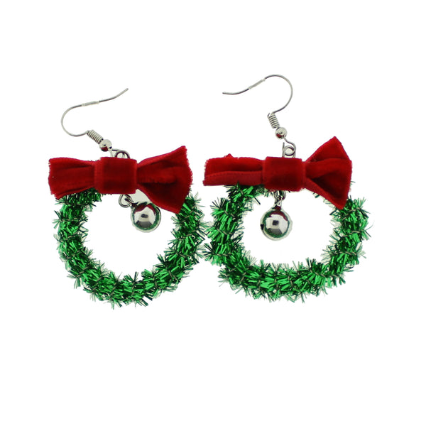 2 Christmas Wreath with Bell Earrings - French Hook Style - 1 Pair - Choose Your Tone