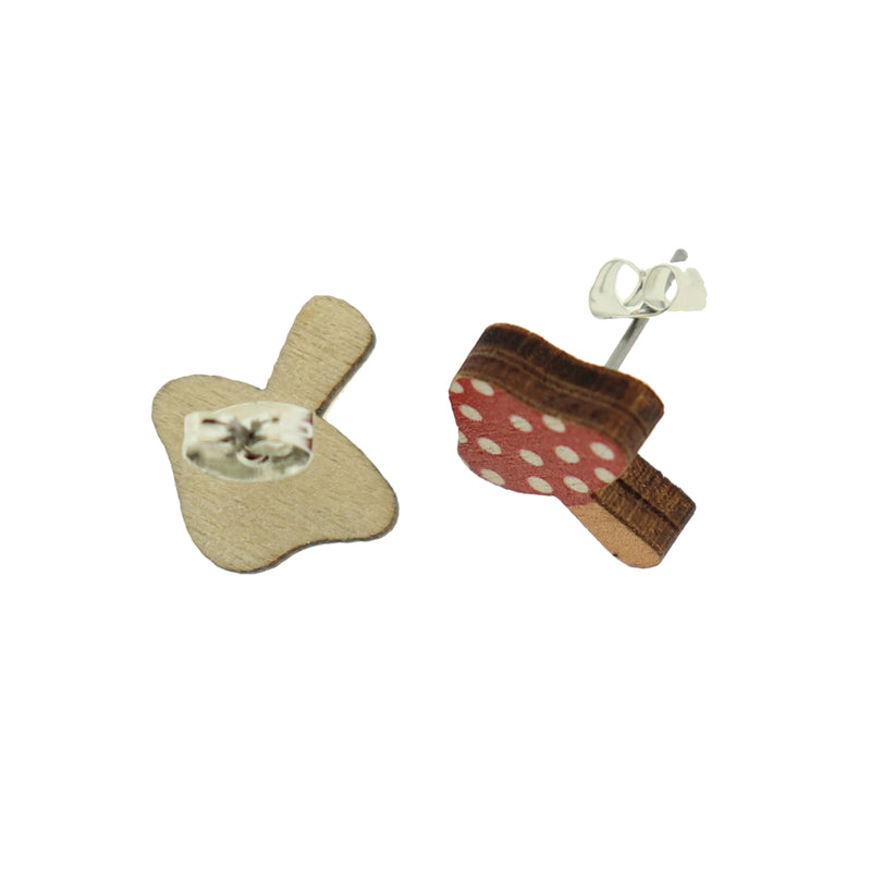 Wood Zinc Alloy Earrings - Mushroom Studs -16mm x 16mm - 2 Pieces 1 Pair - ER365