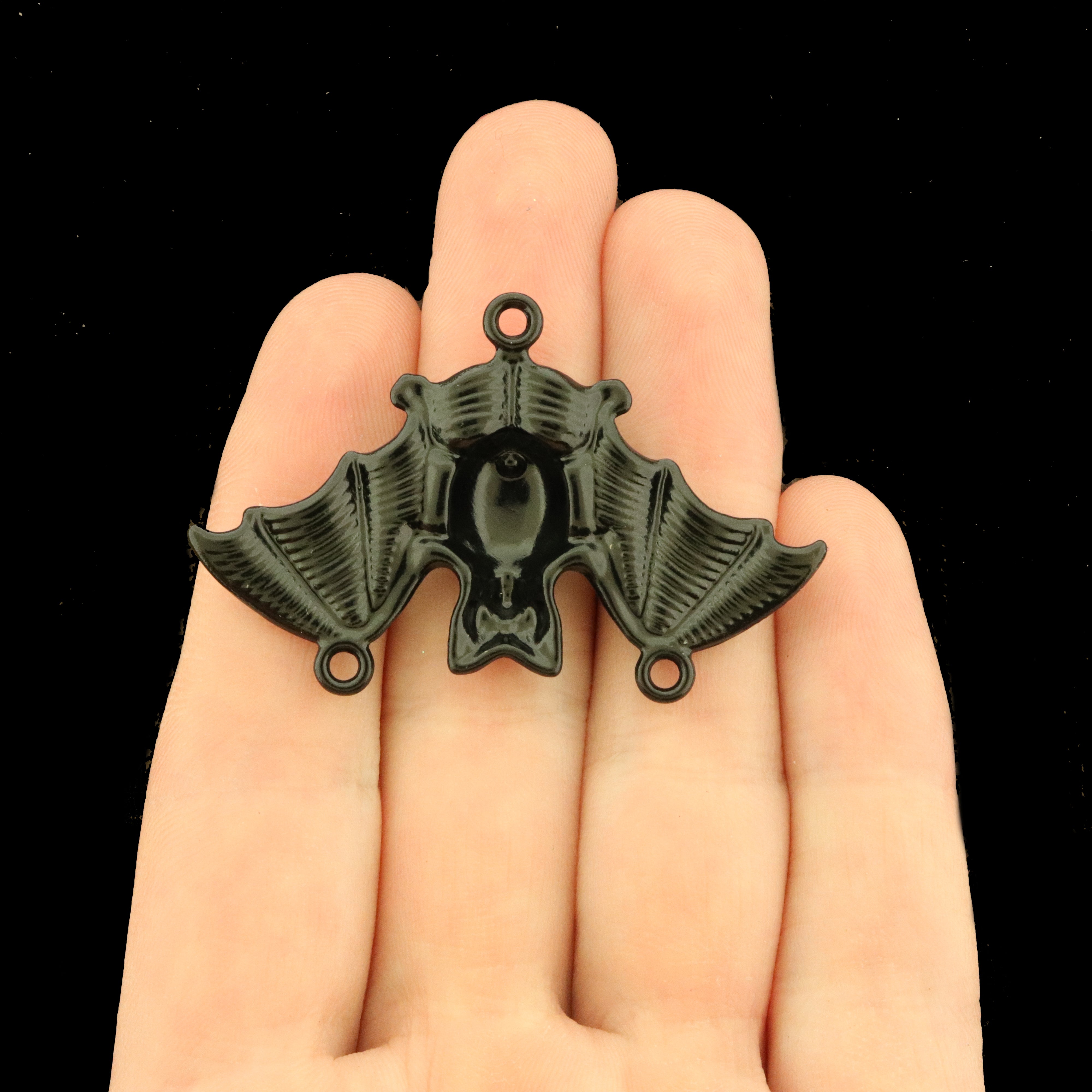4 Black Bat Three Hole Connector Halloween Enamel Charms - E704