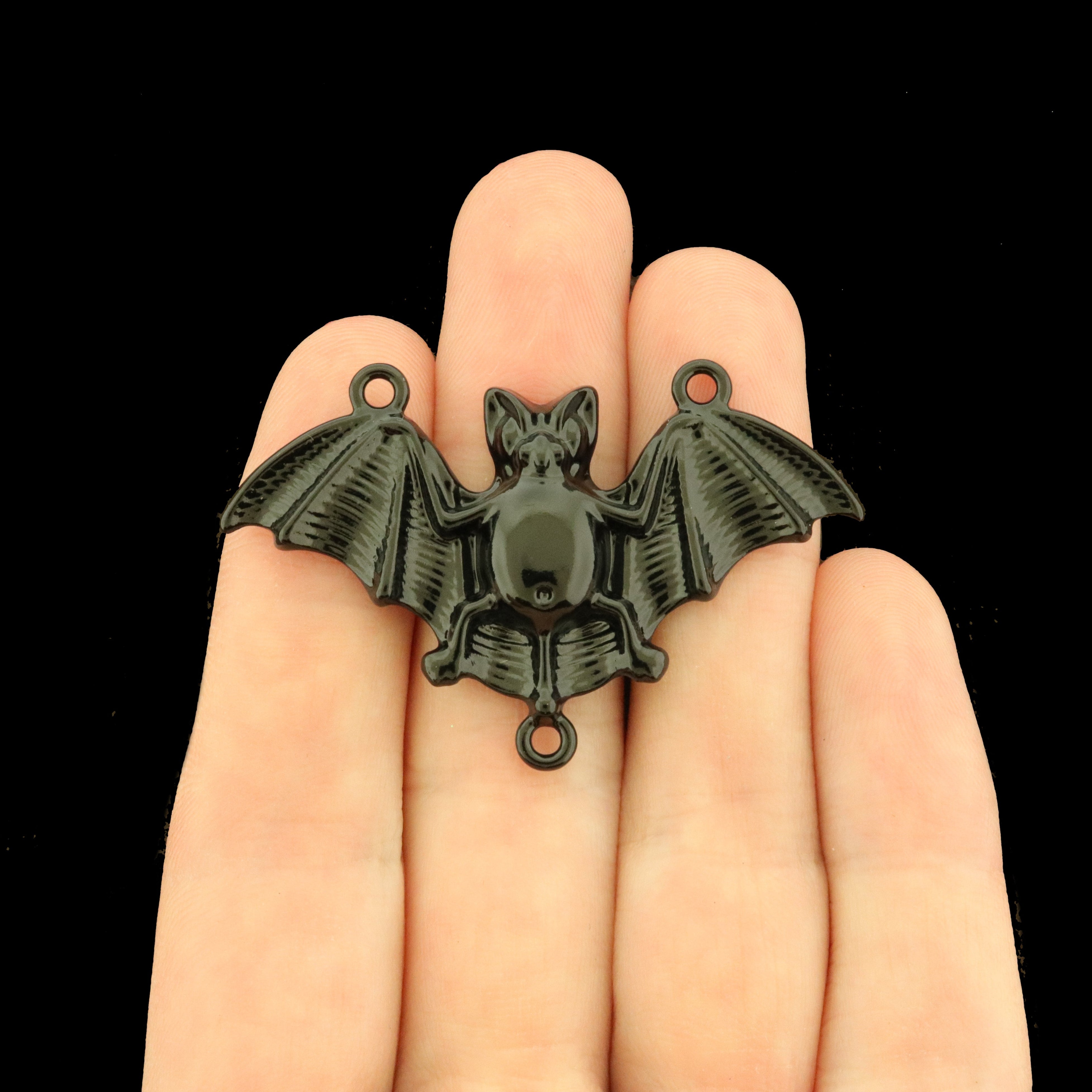 4 Black Bat Three Hole Connector Halloween Enamel Charms - E704