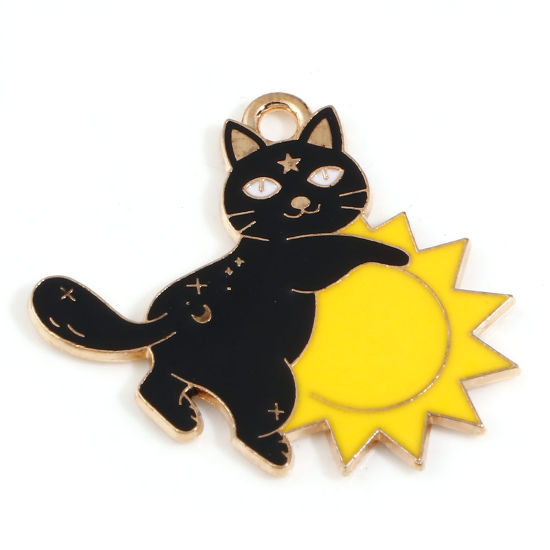 4 Black Cat Climbing on Sun Gold Tone Enamel Charms - E139