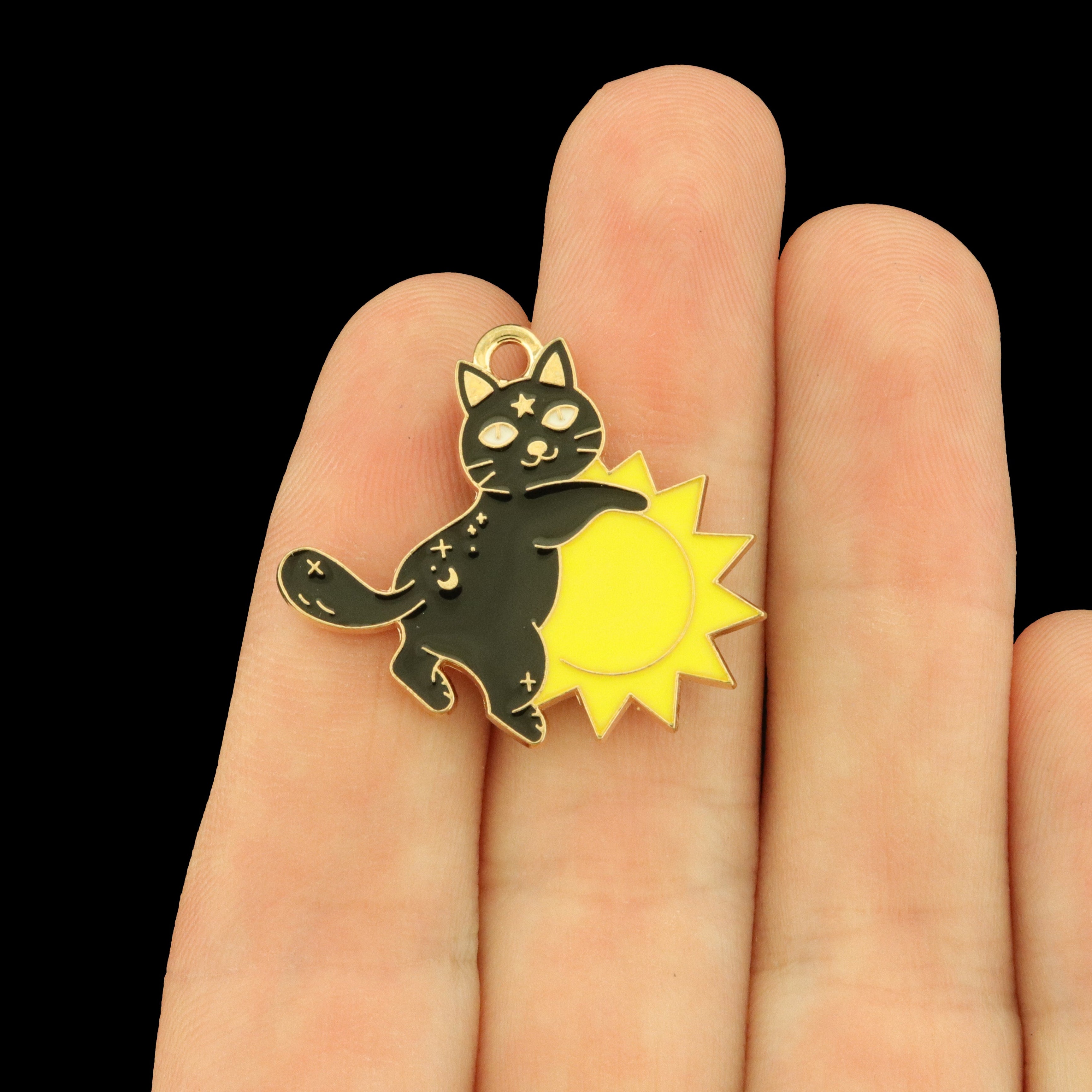 4 Black Cat Climbing on Sun Gold Tone Enamel Charms - E139