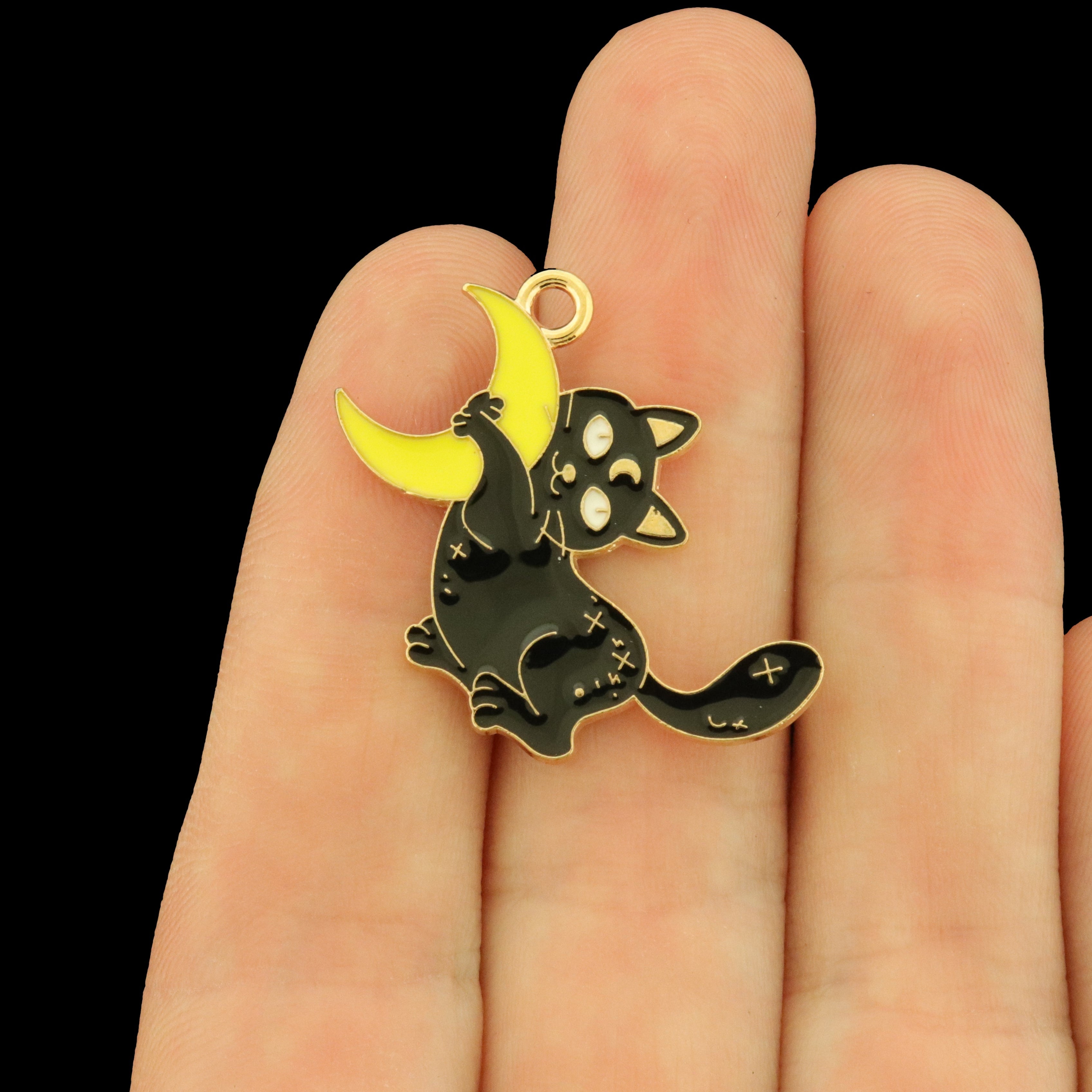 4 Black Cat Hanging on Moon Gold Tone Enamel Charms - Celestial - E108