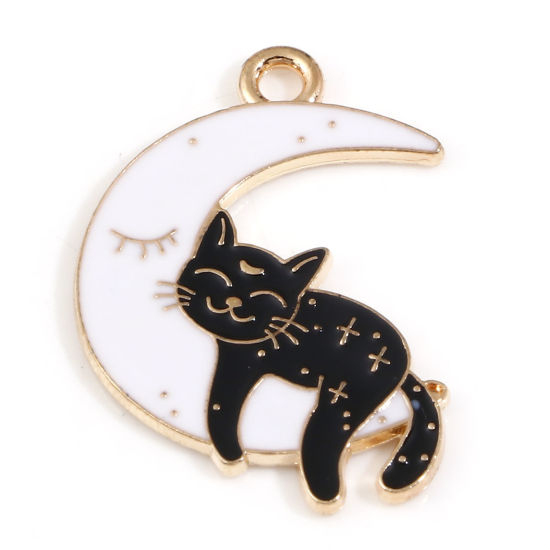 4 Black Cat Sleeping on Moon Enamel Charms - Celestial - E175